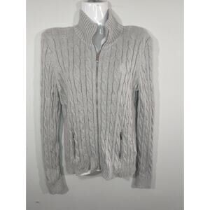 Lauren Ralph‎ Lauren Light Gray Cable Knit Zip Up Sweater Womens MED CabinCore